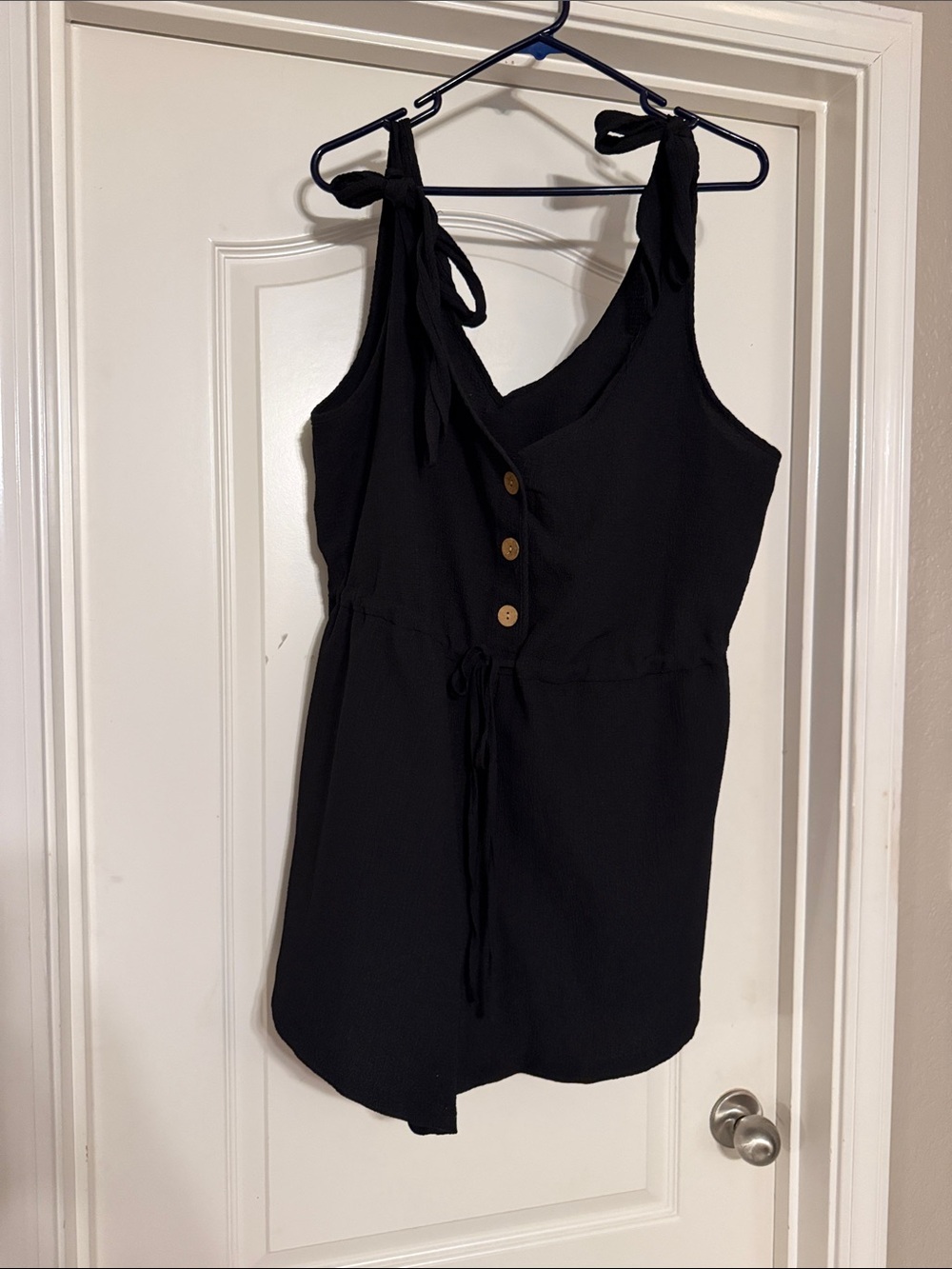 SHEIN Black Tie-Shoulder Button Romper Dress